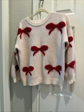 Judith March Cream Sweater with Red Bow Accents